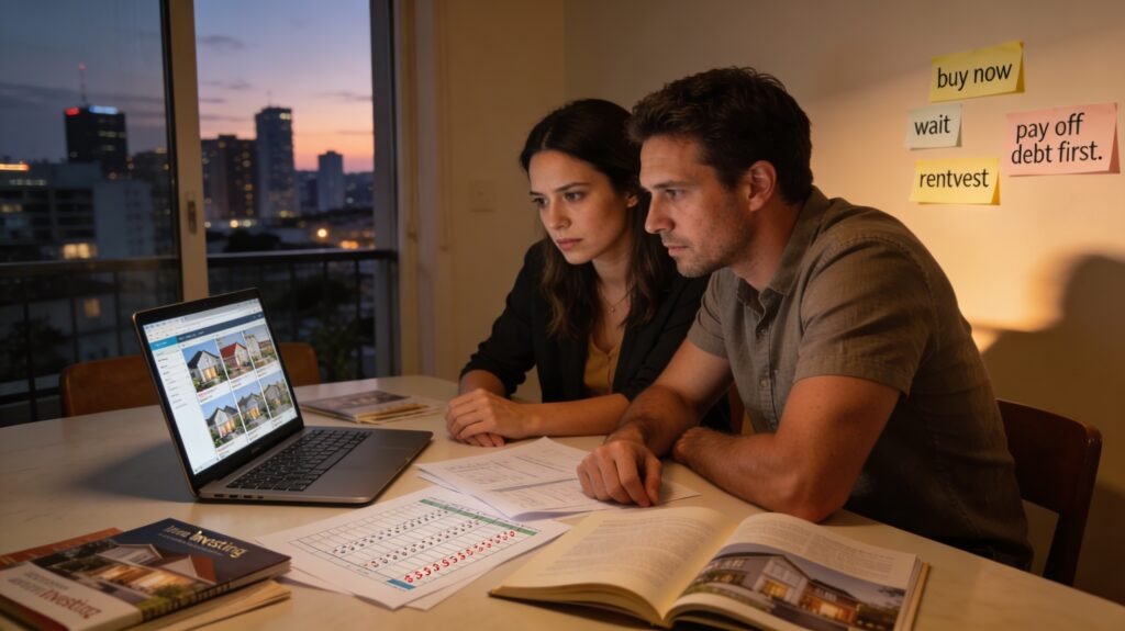 Determined couple researching to buying a property