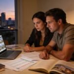 Determined couple researching to buying a property